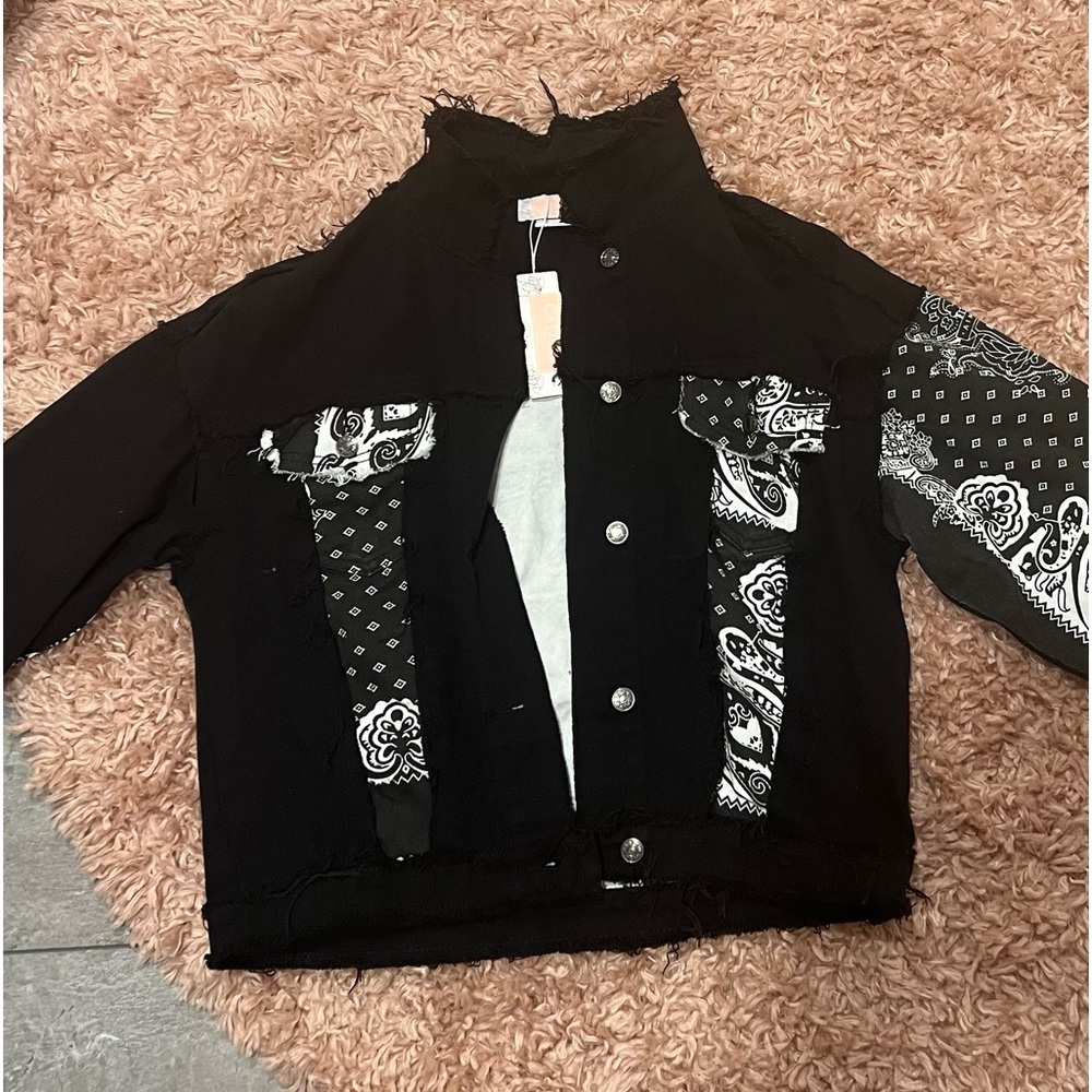 Black and white patterned jean jacket from a local boutique!